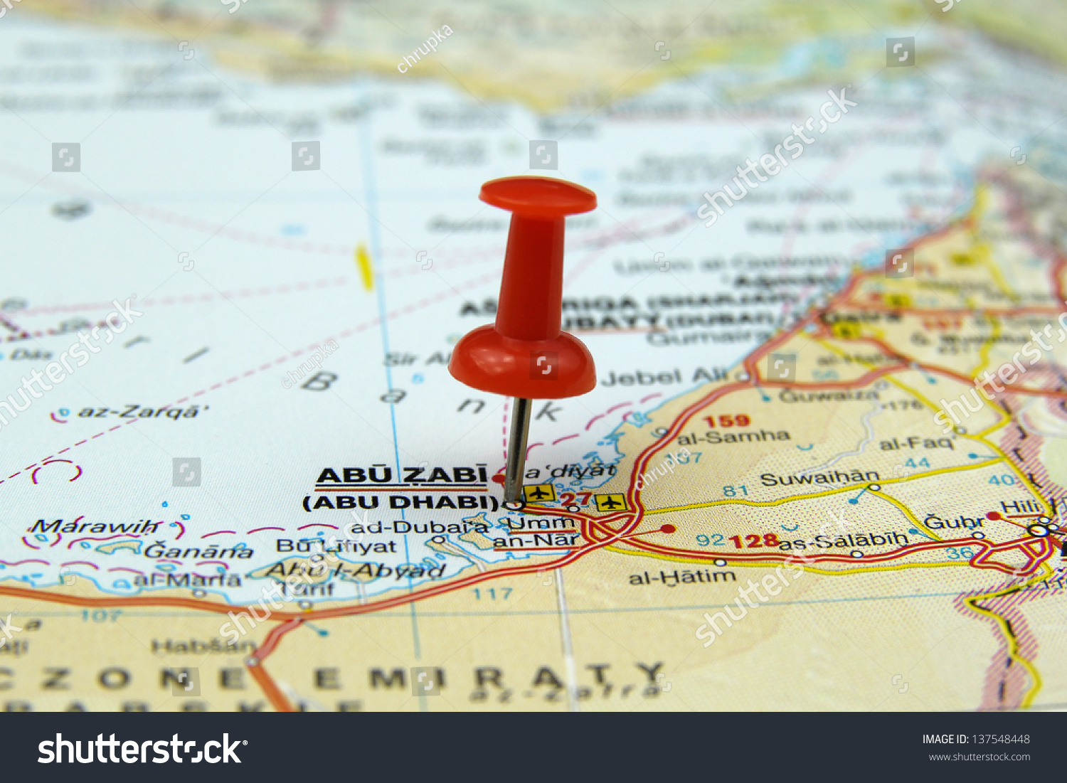 Push Pin Pointing At Abu Dhabi, United Arab Emirates Stock Photo ...