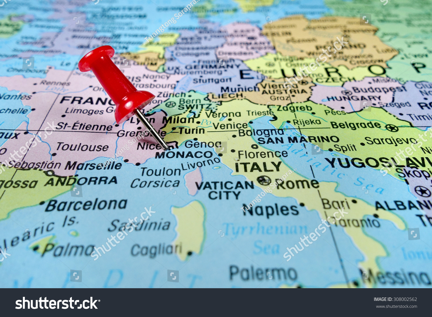 Pushpin Marking On Monaco Map Stock Photo (Edit Now) 308002562