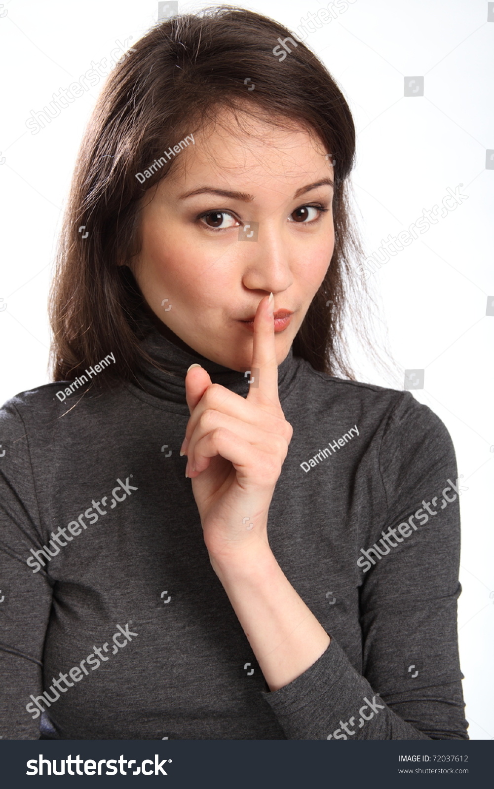 Quiet Please Signal By Pretty Young Woman With Finger On Lips Stock ...