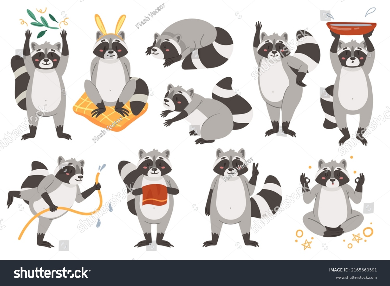 Raccoons Cute Animal Illustration Set Cartoon Stock Illustration