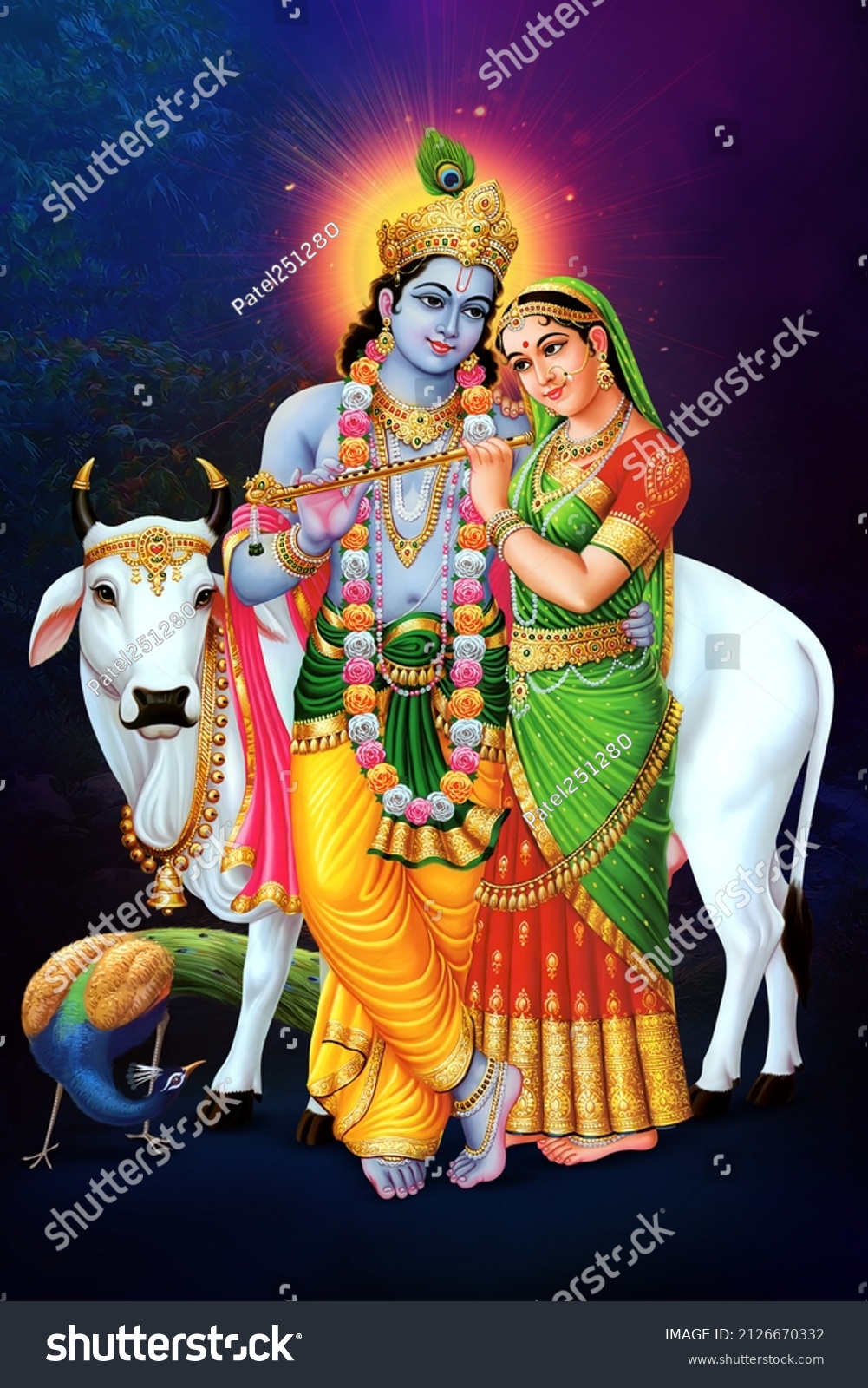 Radha Krishna Bansuri Cow Peacock Poster Stock Illustration 2126670332 ...