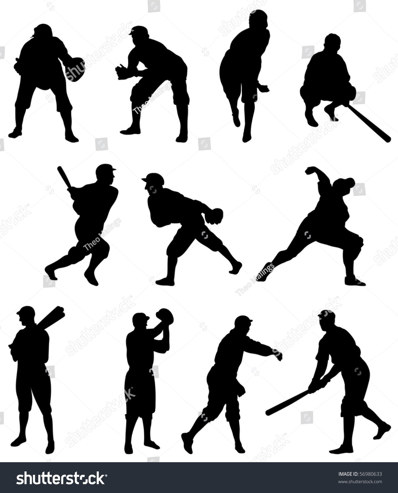 Raster Set Of Eleven Baseball Players In Silhouette - Set One Stock ...