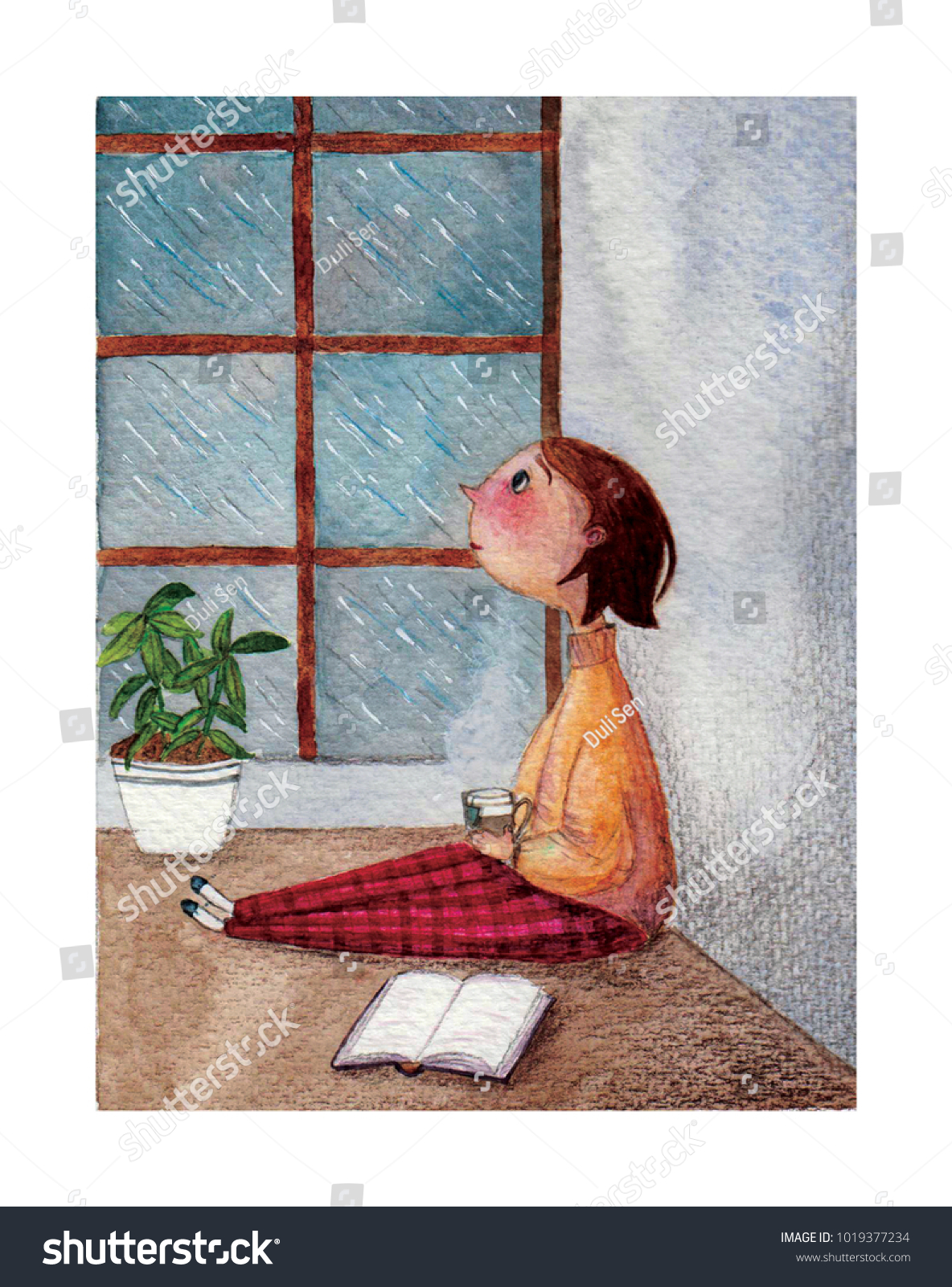 Reading Book On Cold Rainy Day Stock Illustration