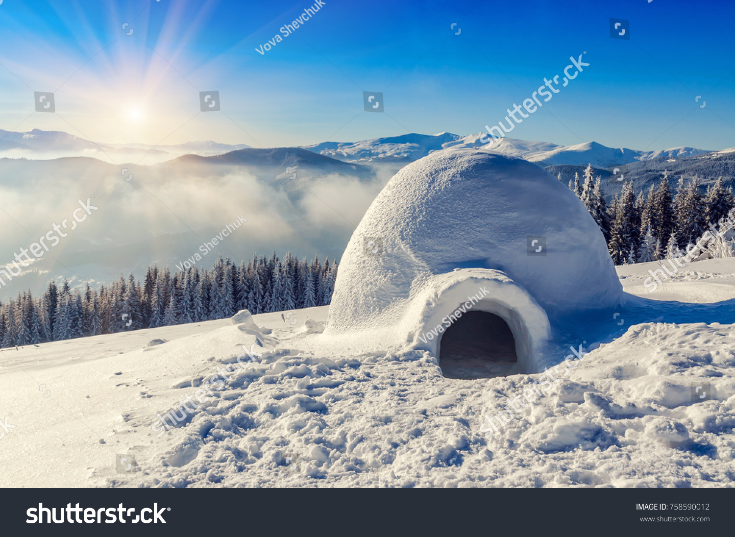 Real Snow Igloo Mountains Under Blue Stock Photo 758590012 