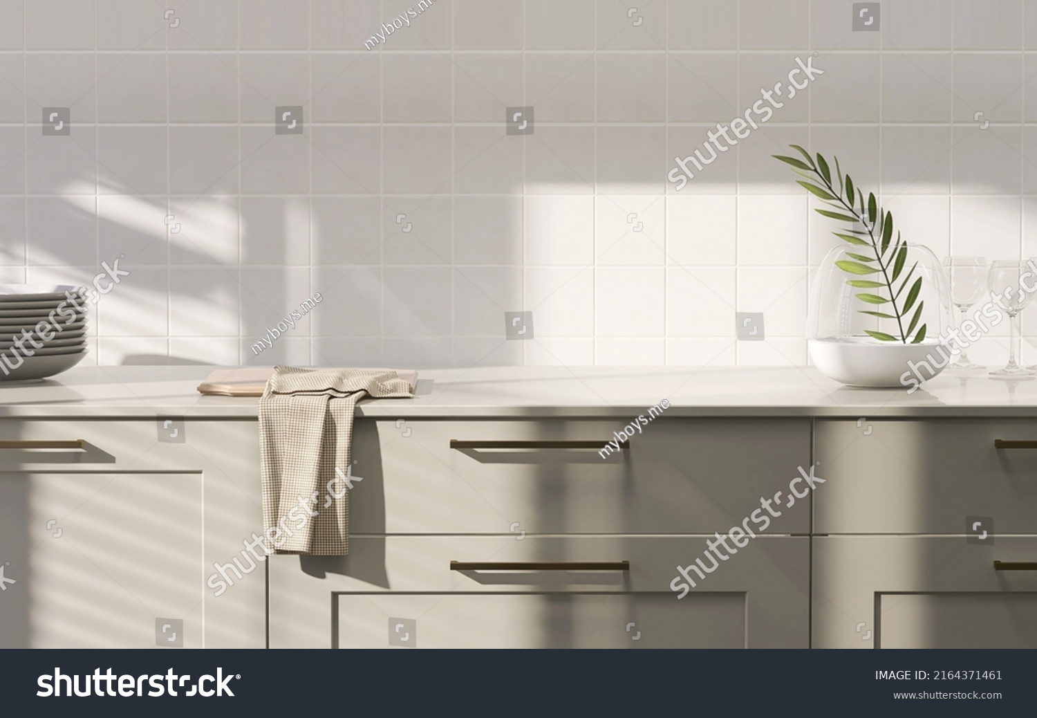 Stock Photo Realistic D Render Close Up Blank Empty Space Countertop In Modern Grey Build In Kitchen Cabinet 2164371461 
