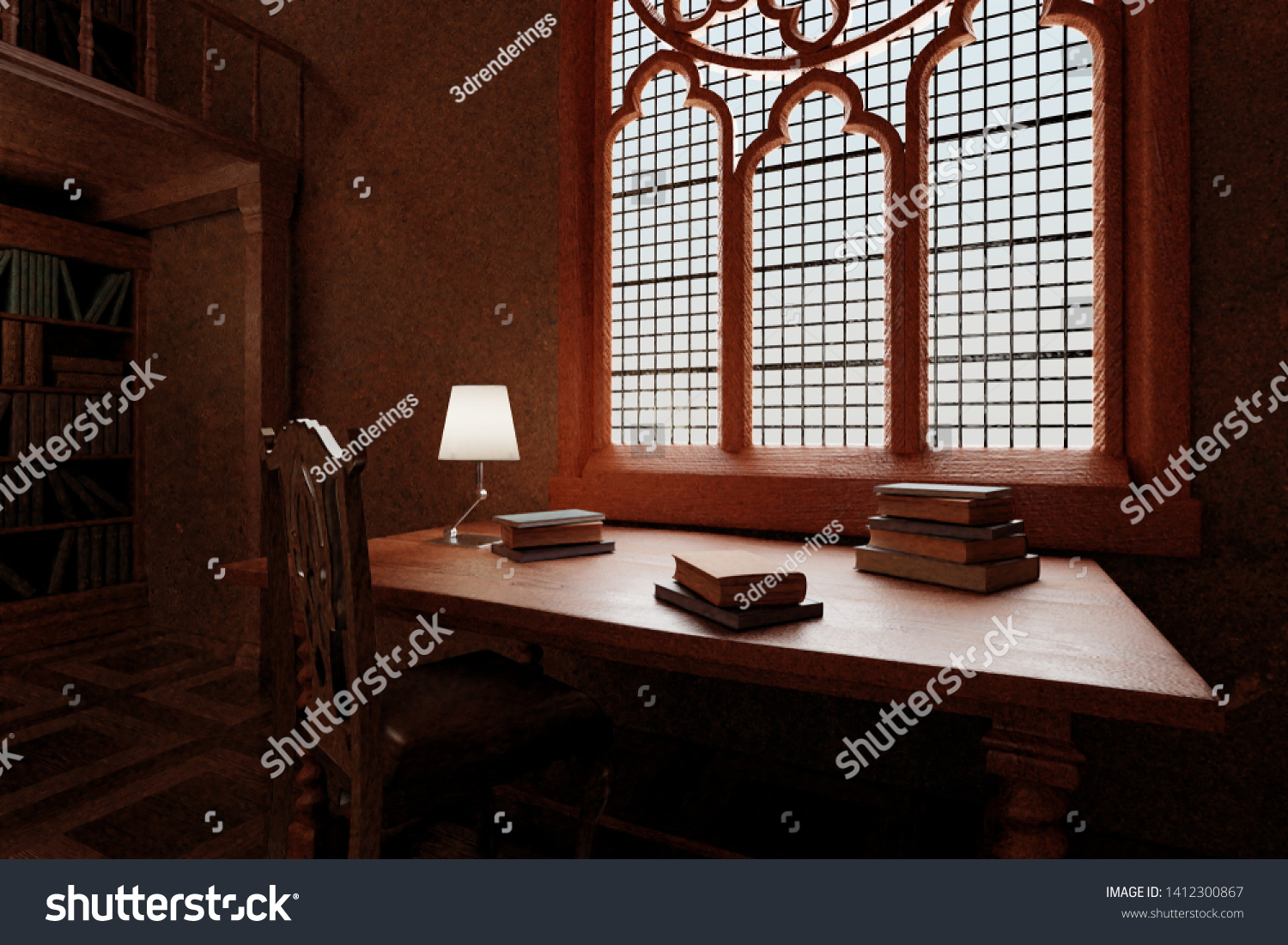 Realistic 3d Render Old Antique Library Stock Illustration