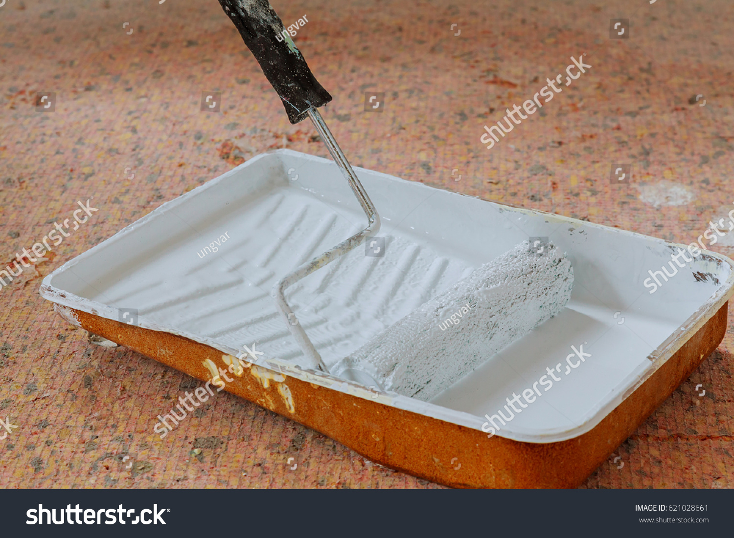 Realistic Image Paint Pan Roller On Stock Photo 621028661 Shutterstock   Stock Photo Realistic Image Of Paint Pan And Roller On Drop Cloth During Painting Project 621028661 