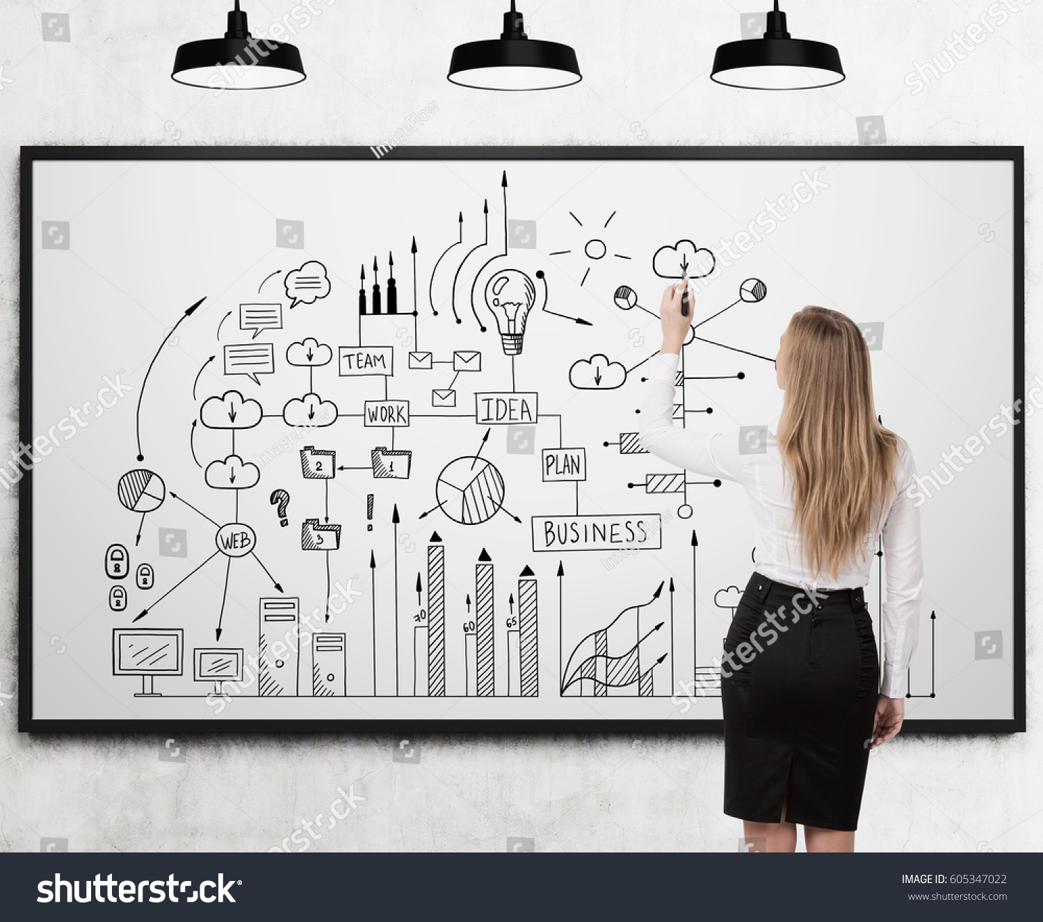 Rear View Blond Businesswoman Drawing Business Stock Royalty
