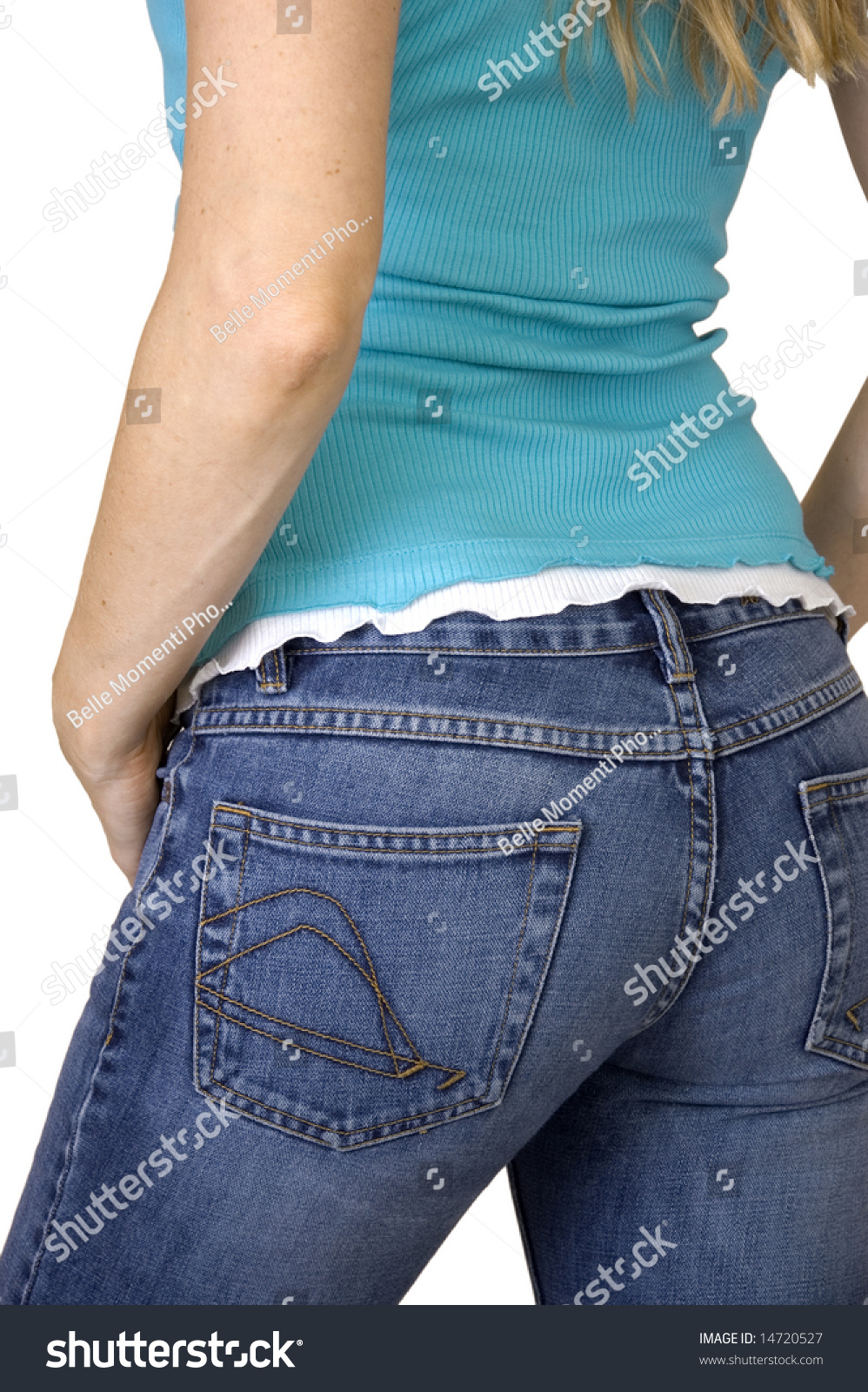 Rear View Of Woman In Blue Denim Jeans And Blue Top On White Background ...