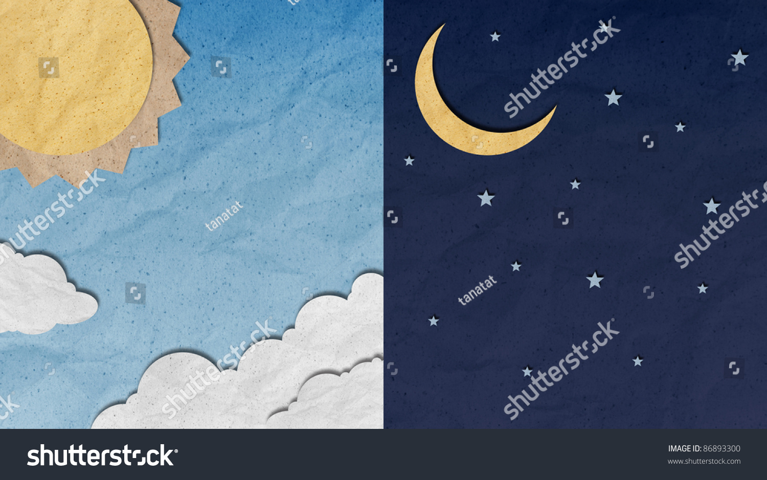 Recycled Paper Craft Day Night Sky Stock Illustration