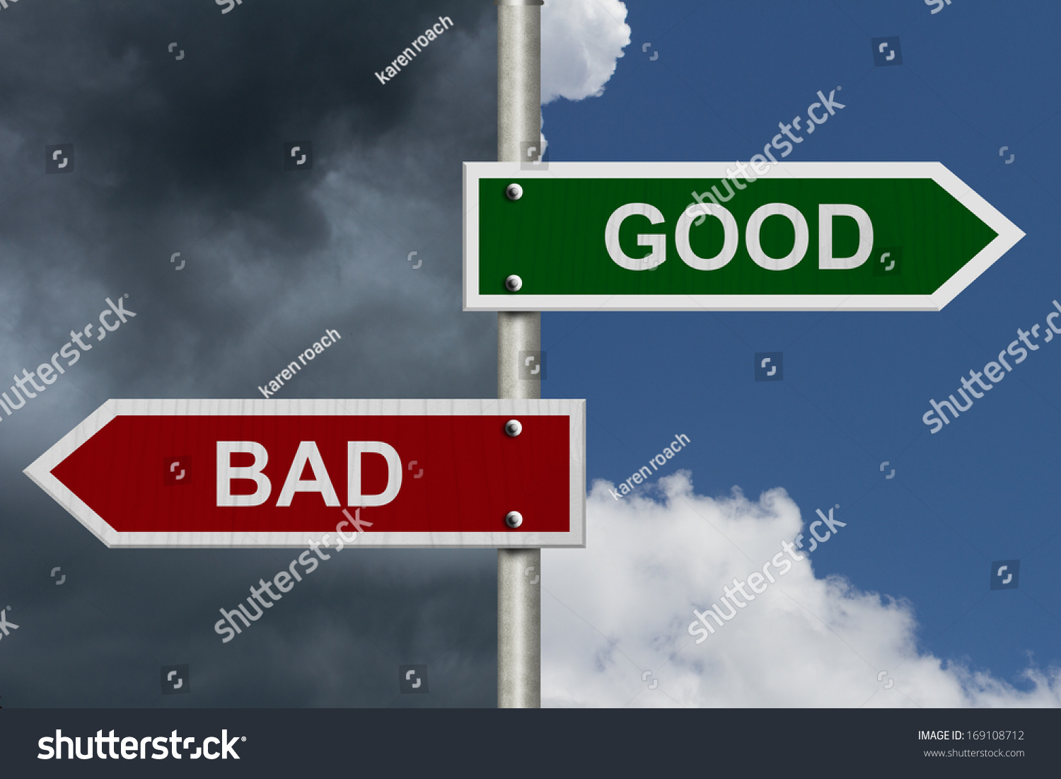 Red And Green Street Signs With Blue And Stormy Sky With Words Good And ...