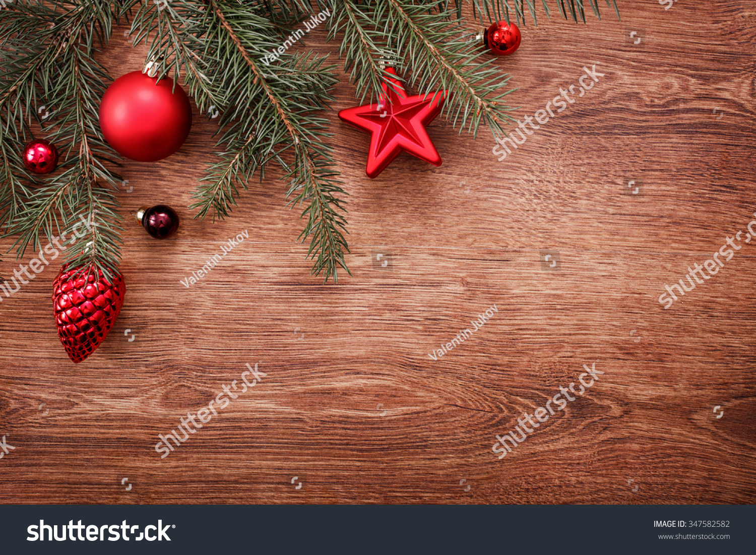 Red Christmas Ornaments Fir Tree Branch Stock Photo 347582582 ...