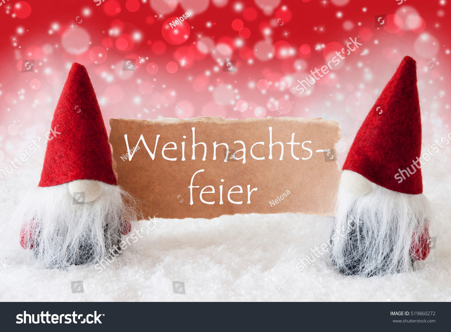 Red Christmassy Gnomes With Card, Weihnachtsfeier Means Christmas Party Stock Photo 519860272