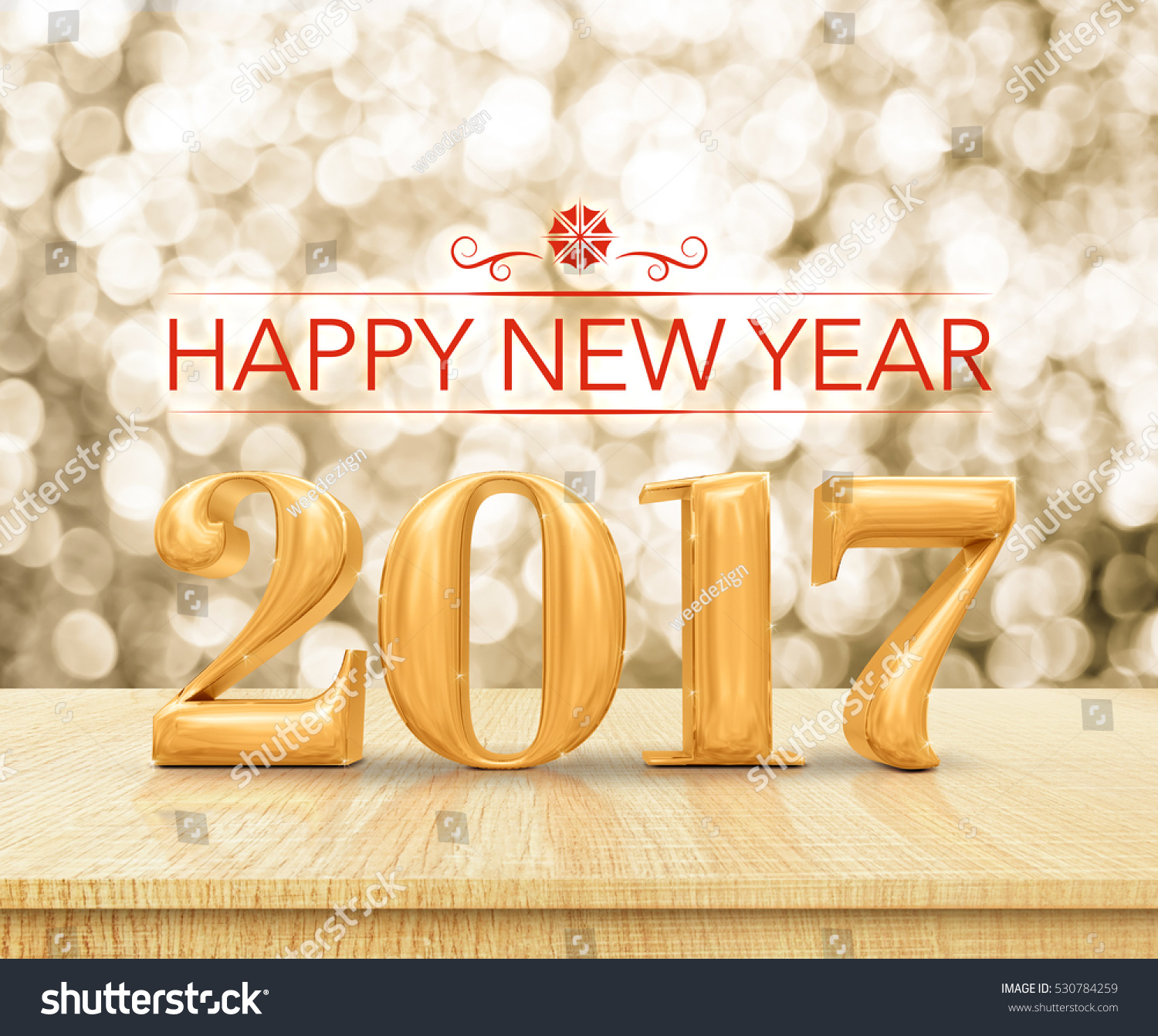 Red Color Happy New Year 2017 (3d Rendering) On Wood Table Top With Blur Abstract Bokeh