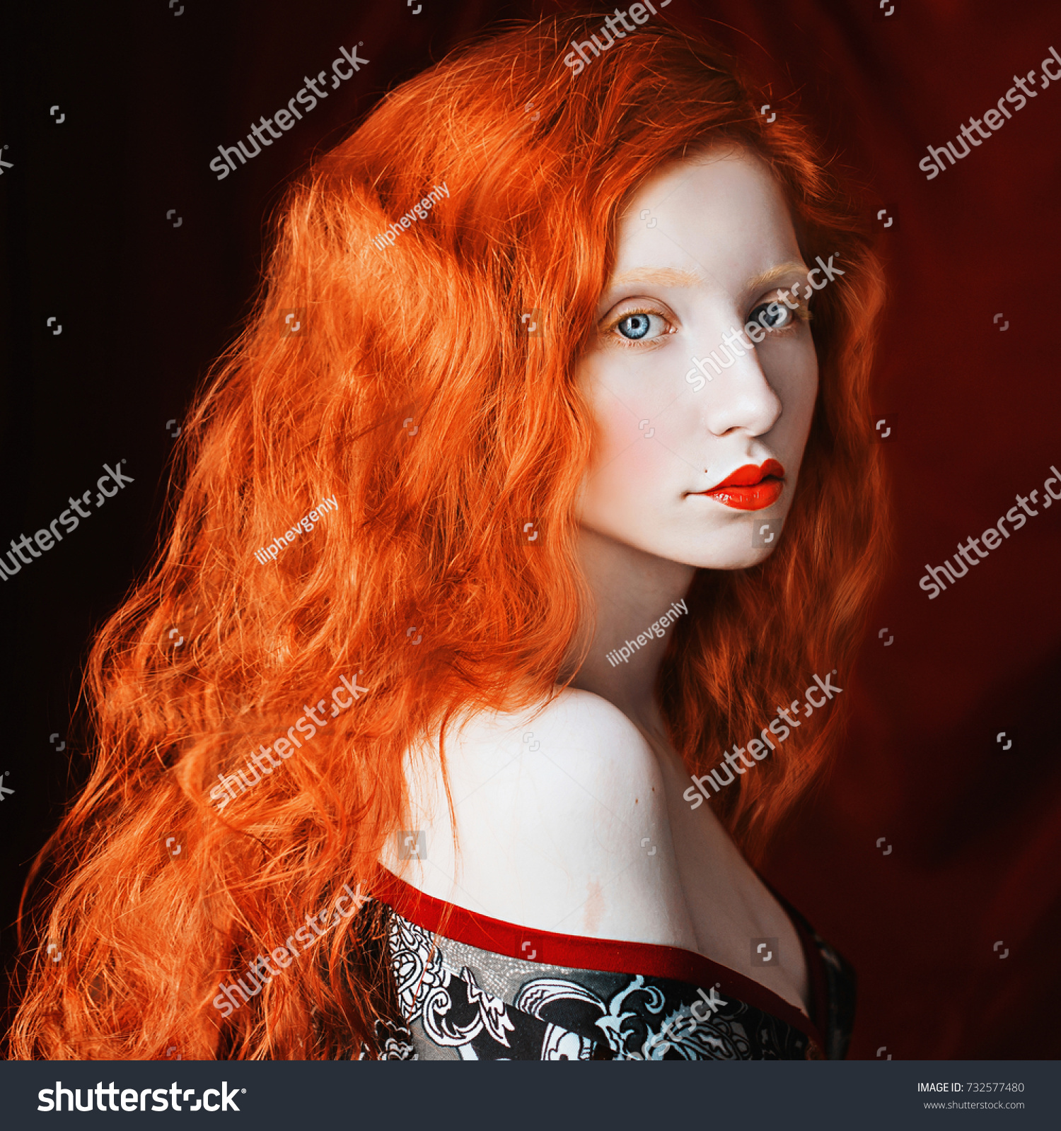 Redhaired Girl Curly Hair Pale Skin People Beauty Fashion Stock