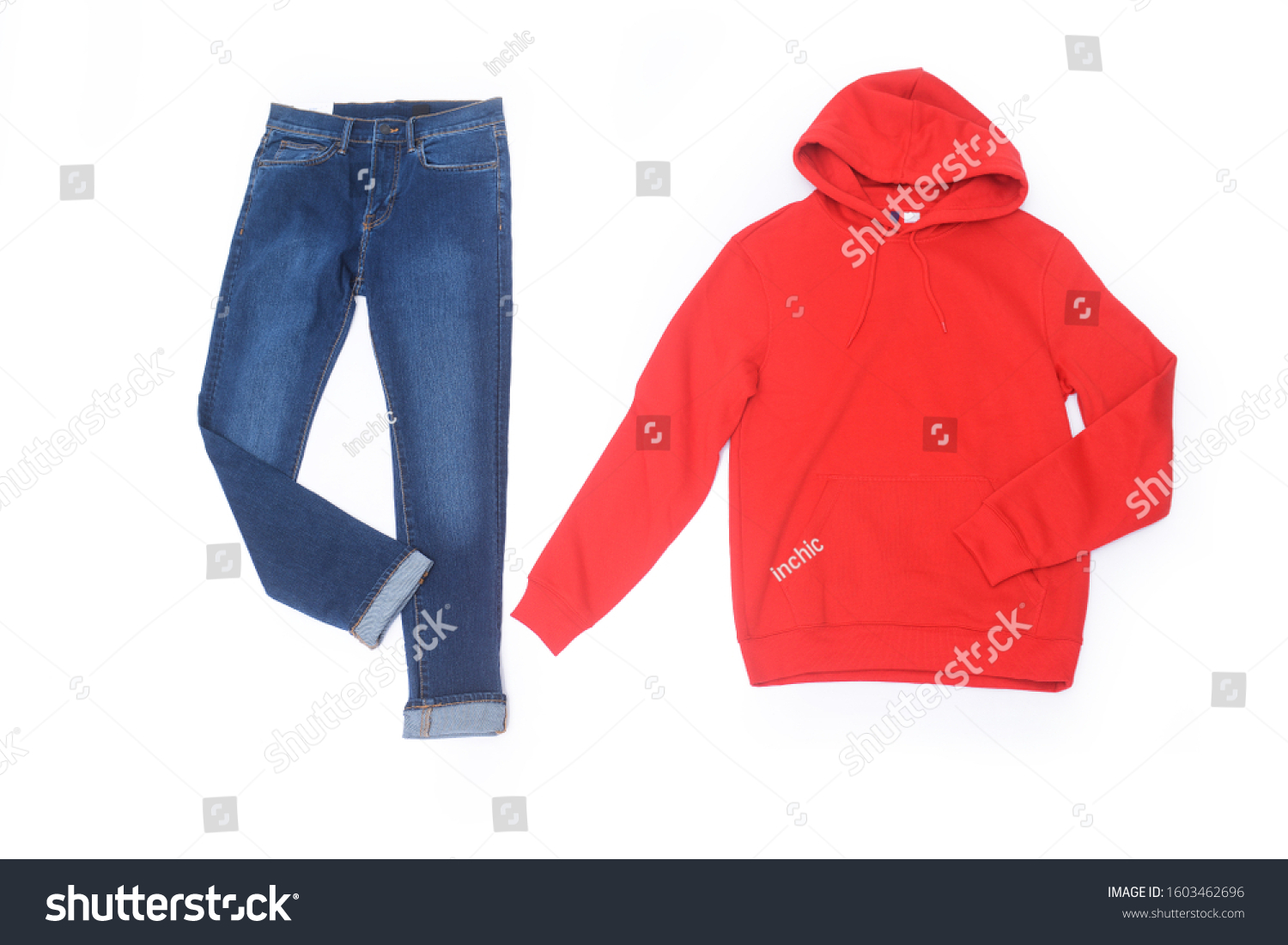 red hoodie blue jeans