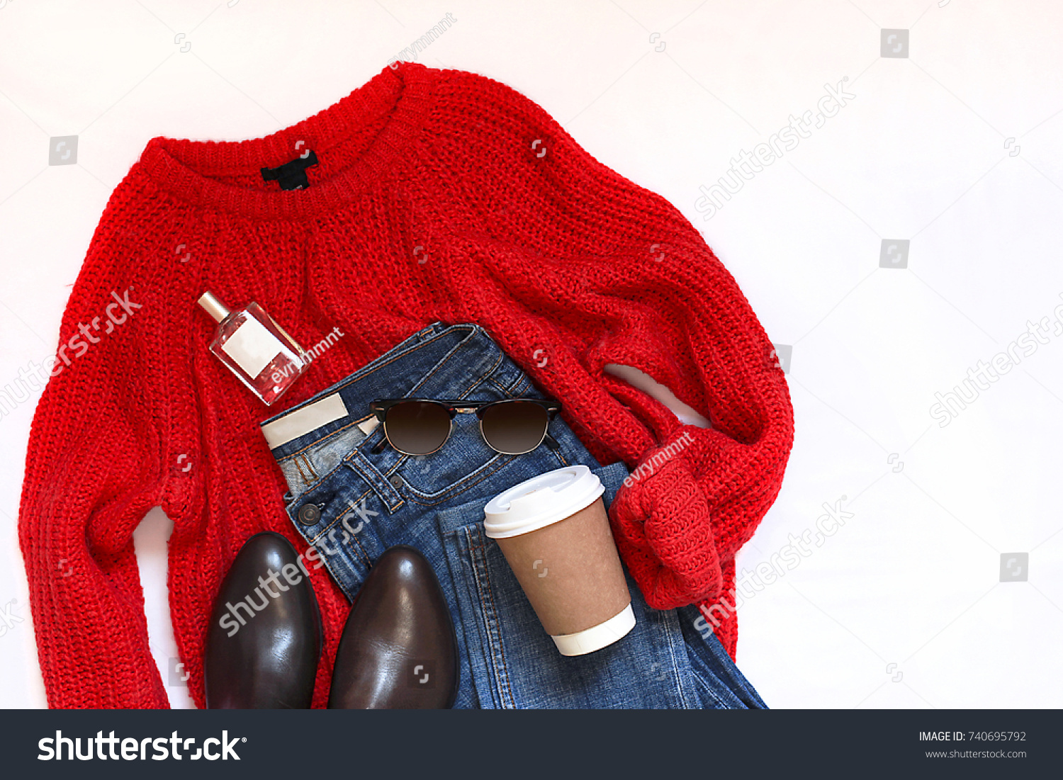 red sweater with blue jeans