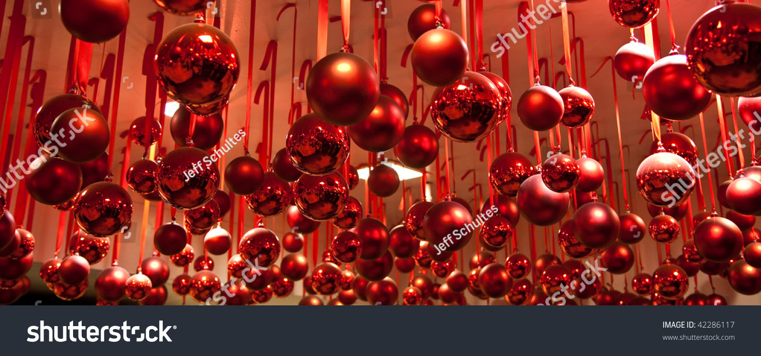 Red Ornaments Hanging Ceiling Red Ribbons Stock Photo Edit