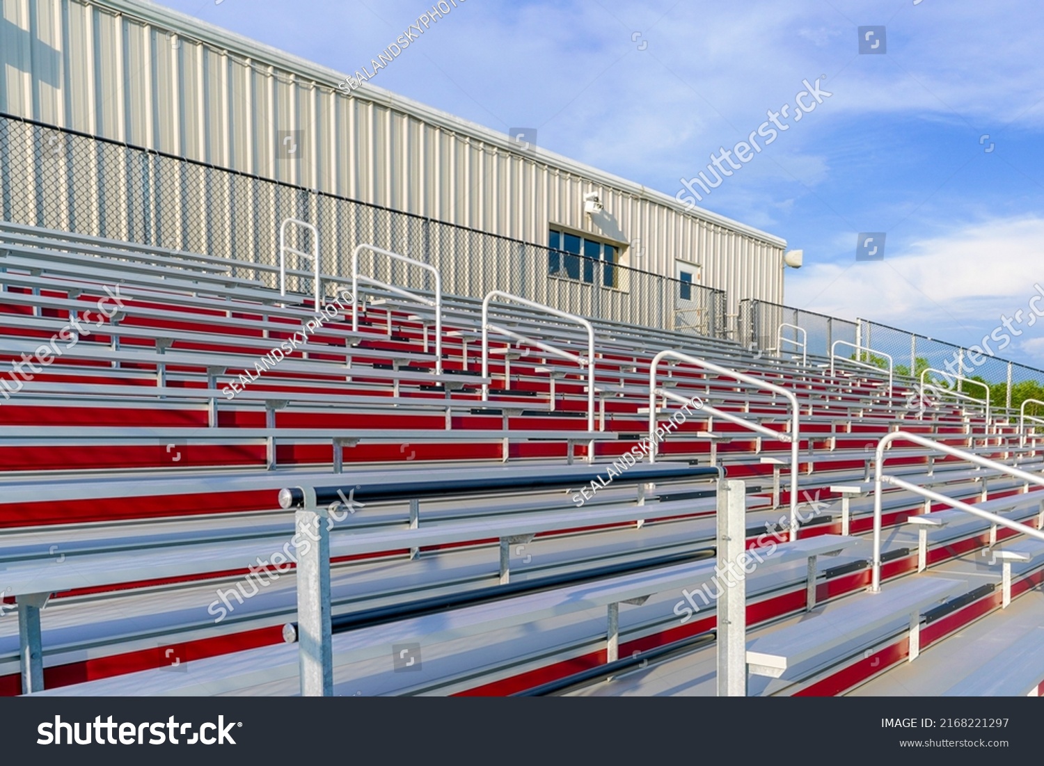 Red Outdoor Stadium Bleacher Seats Aisle Stock Photo 2168221297