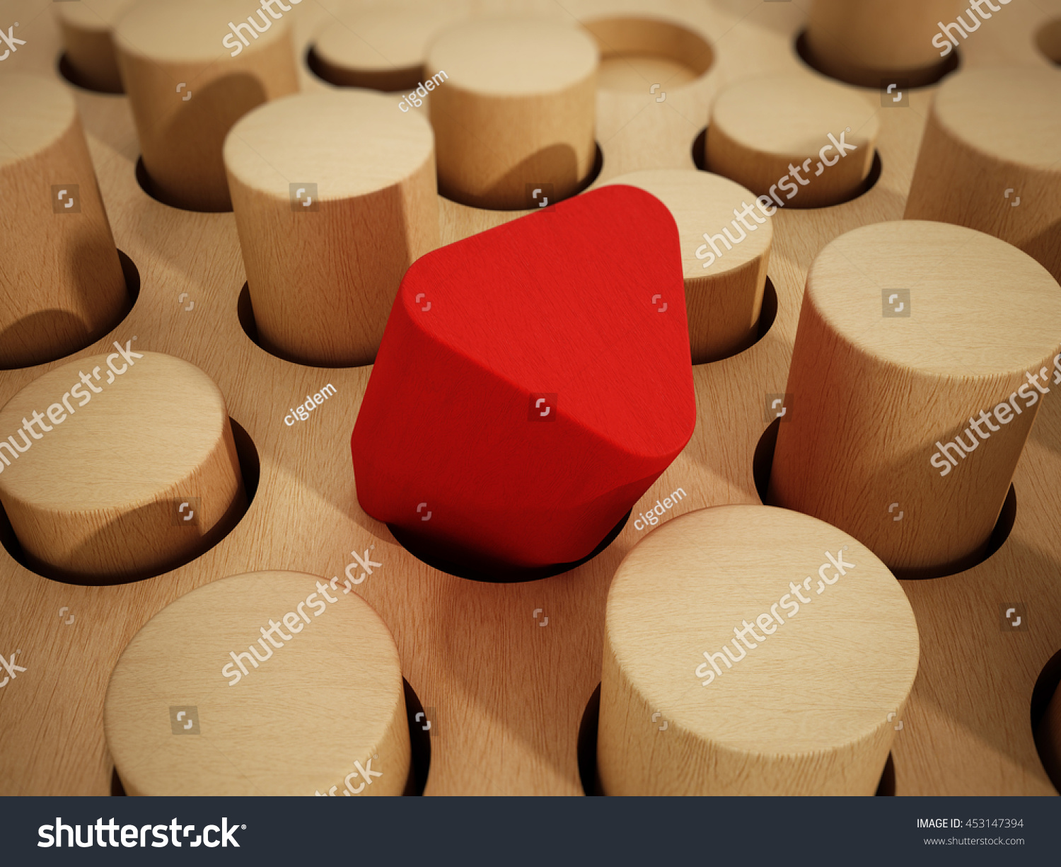 Red prism wooden block standing out among wooden cylinders. 3D illustration.