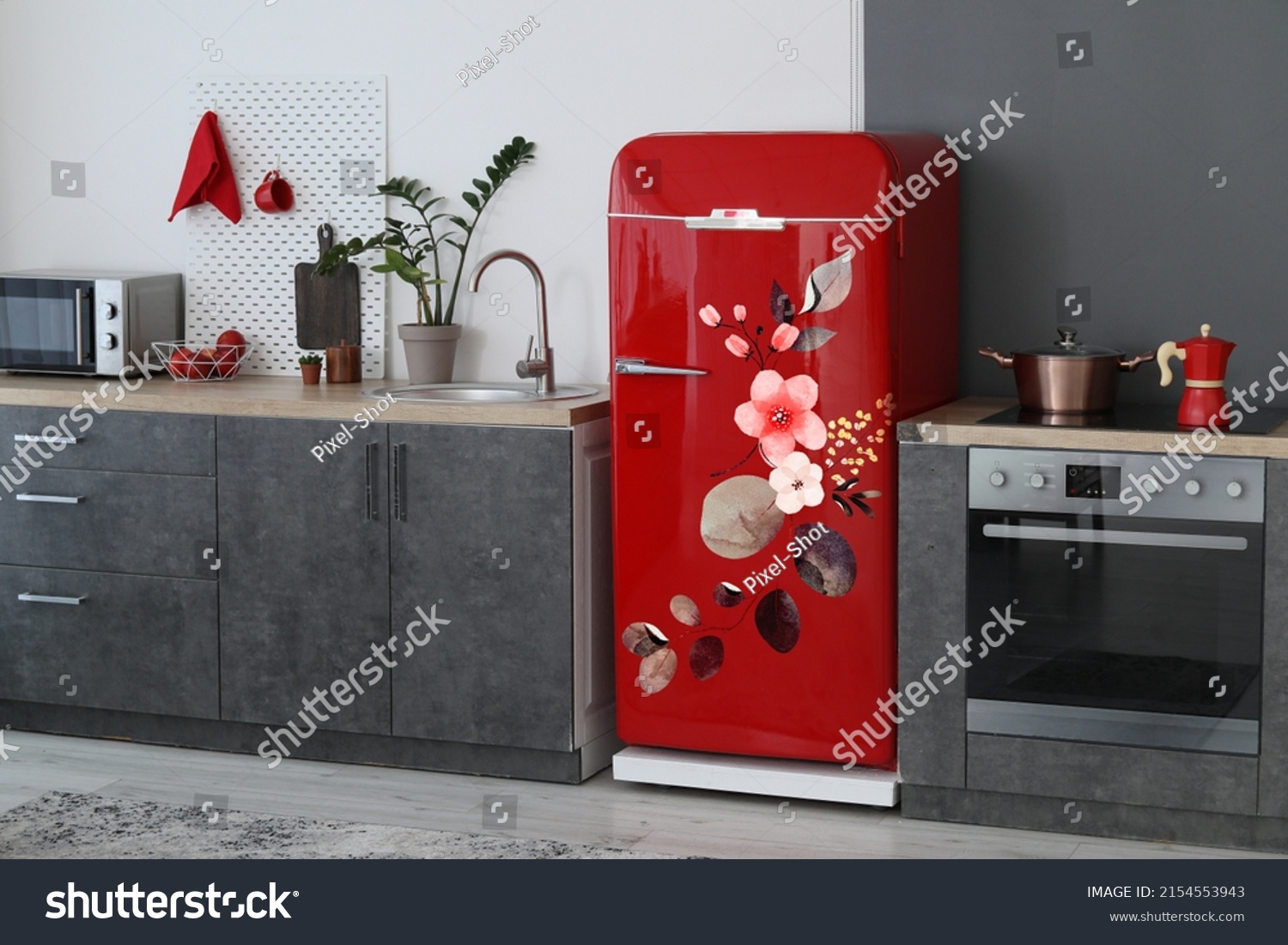 Red Refrigerator Print Leaves Flowers Interior Stock Photo 2154553943