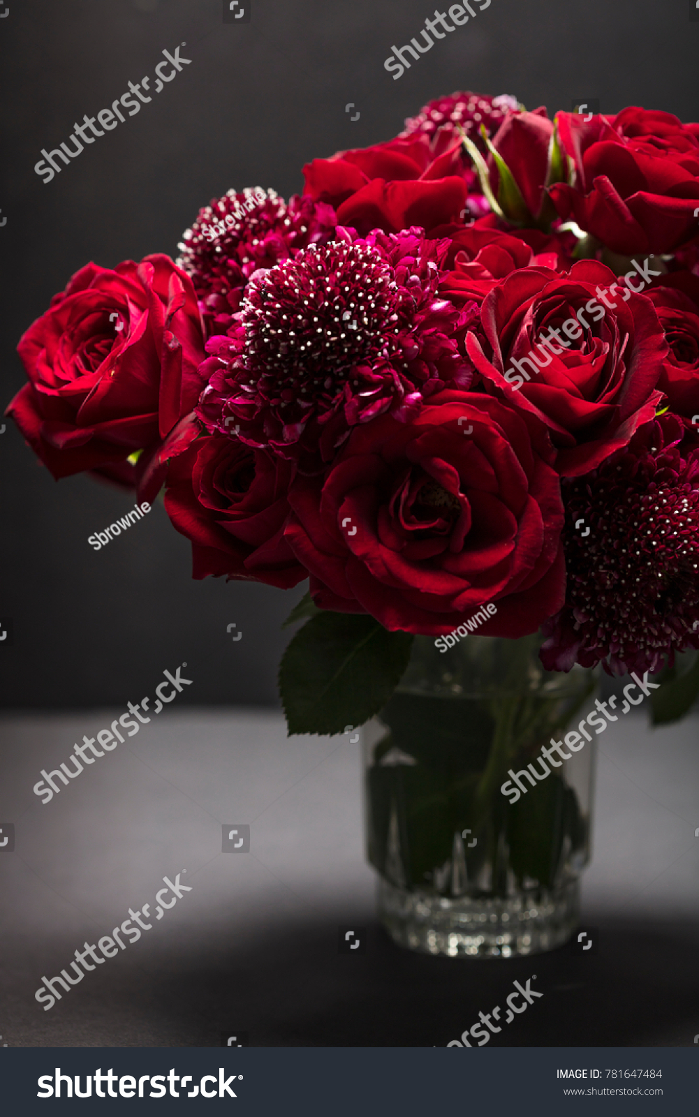 Red Roses Scabiosa Floral Arrangement Glass Stock Photo Edit Now 781647484