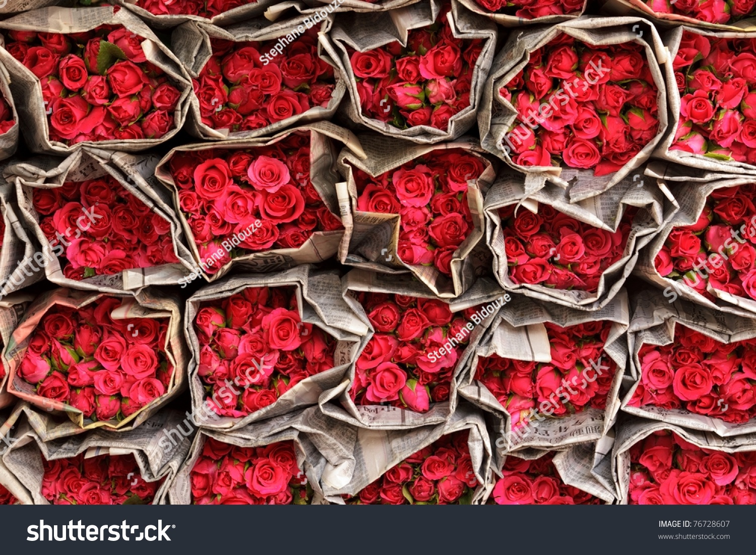 Red Roses Wrapped In Newspaper In Bangkok Flower Market Stock Photo ...