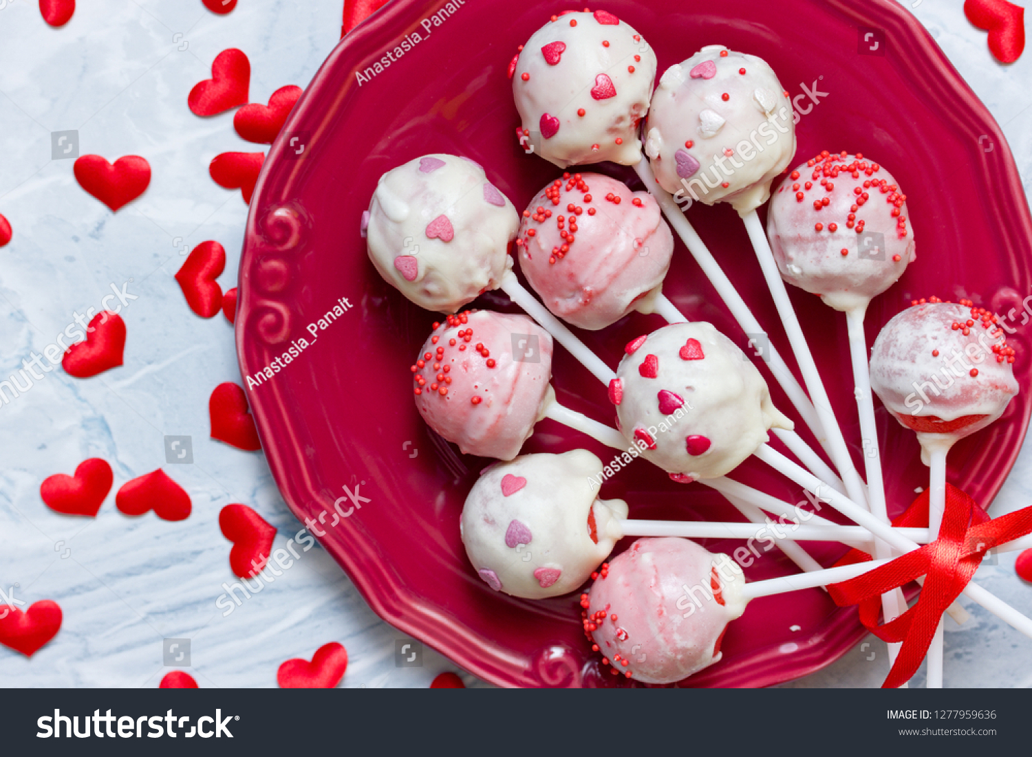 Red Velvet Cake Pops Covered White Stock Photo Edit Now 1277959636