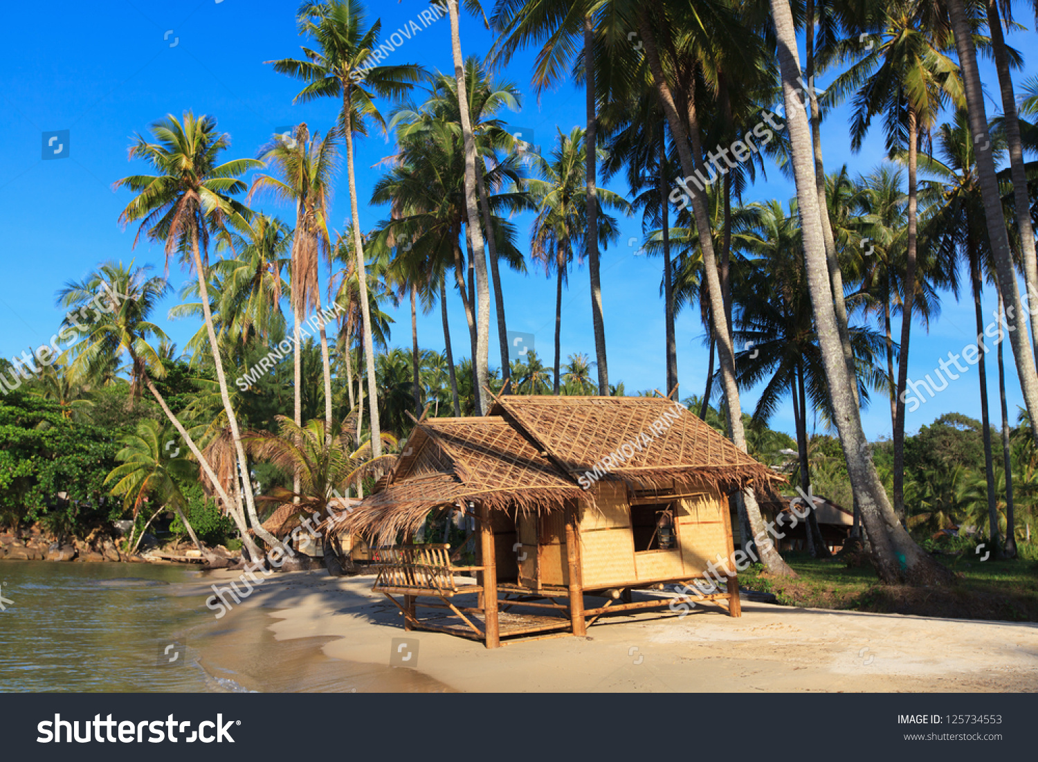 Reed Hut On A Sandy Beach. Coconut Palms Against The Clear Blue Sky ...