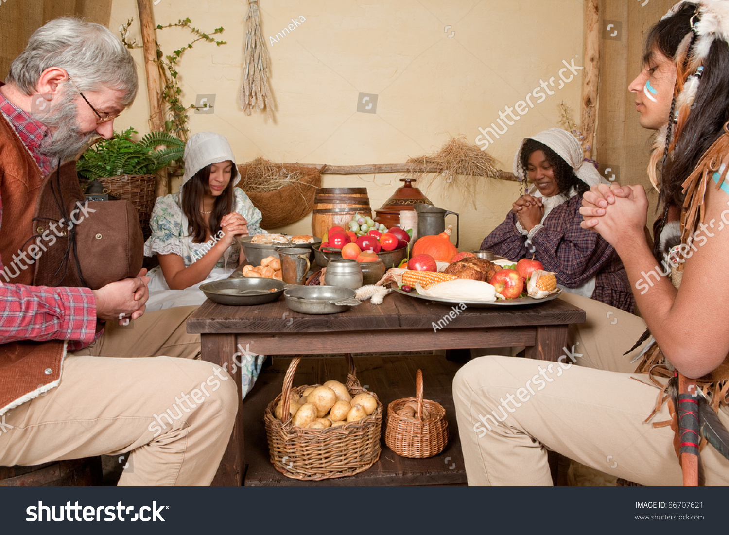 Reenactment Scene Of The First Thanksgiving Dinner In Plymouth In 1621 ...