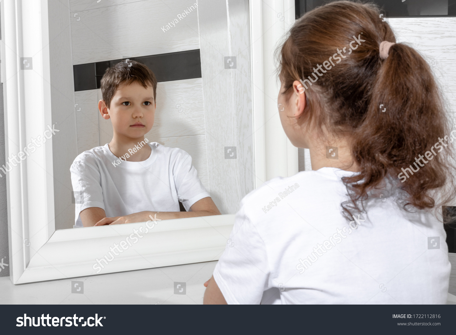 Reflection Girl Mirror By Boy Sister Stock Photo Shutterstock
