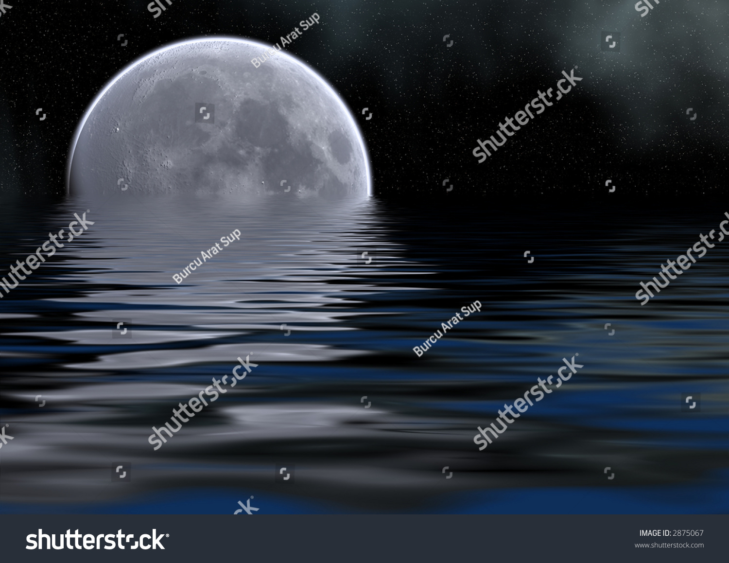 Reflection Of Detailed Moon On The Sea, Stars And Clouds Stock Photo ...