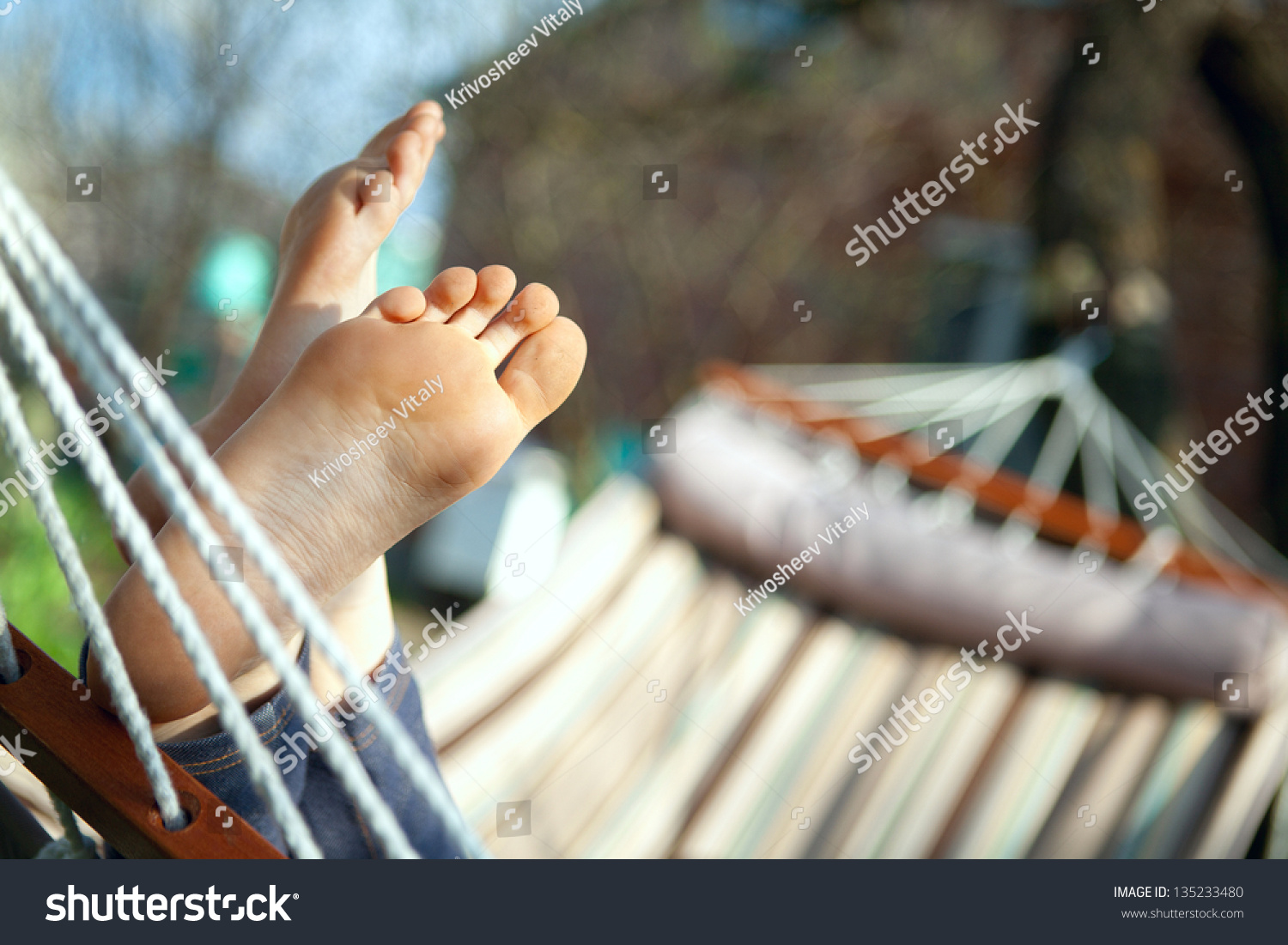 Relax In Nature. Feet Close Up In A Hammock Stock Photo 135233480 ...