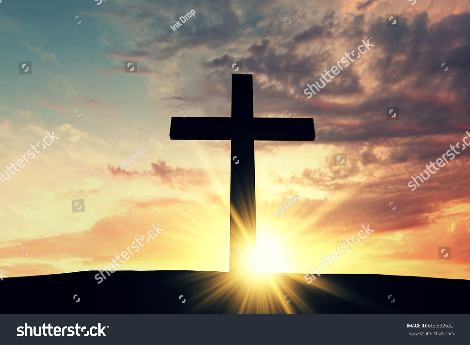 Religious Cross Silhouette Against Bight Sunrise Stock Illustration ...