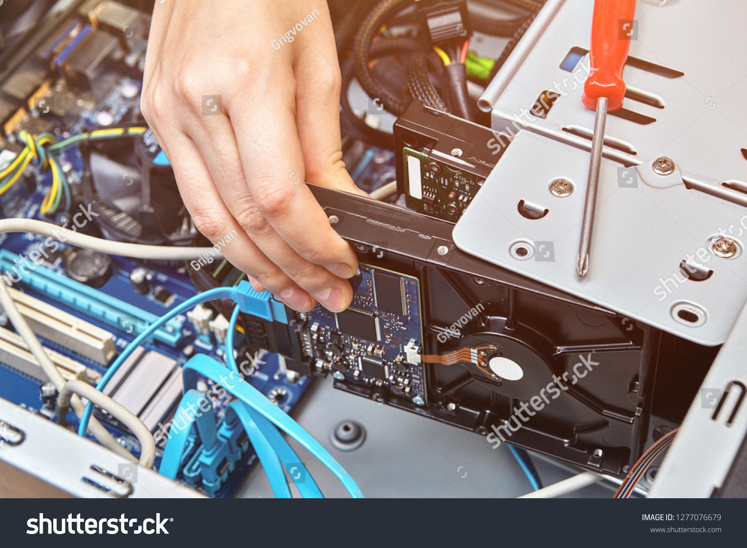 Repairman Installing Internal Hard Drive Unassembled Stock Photo