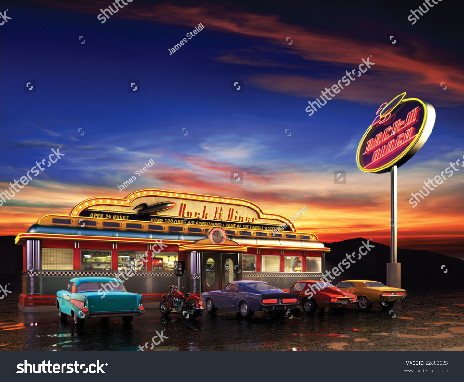 Retro American Diner At Dusk Stock Photo 22883635 : Shutterstock