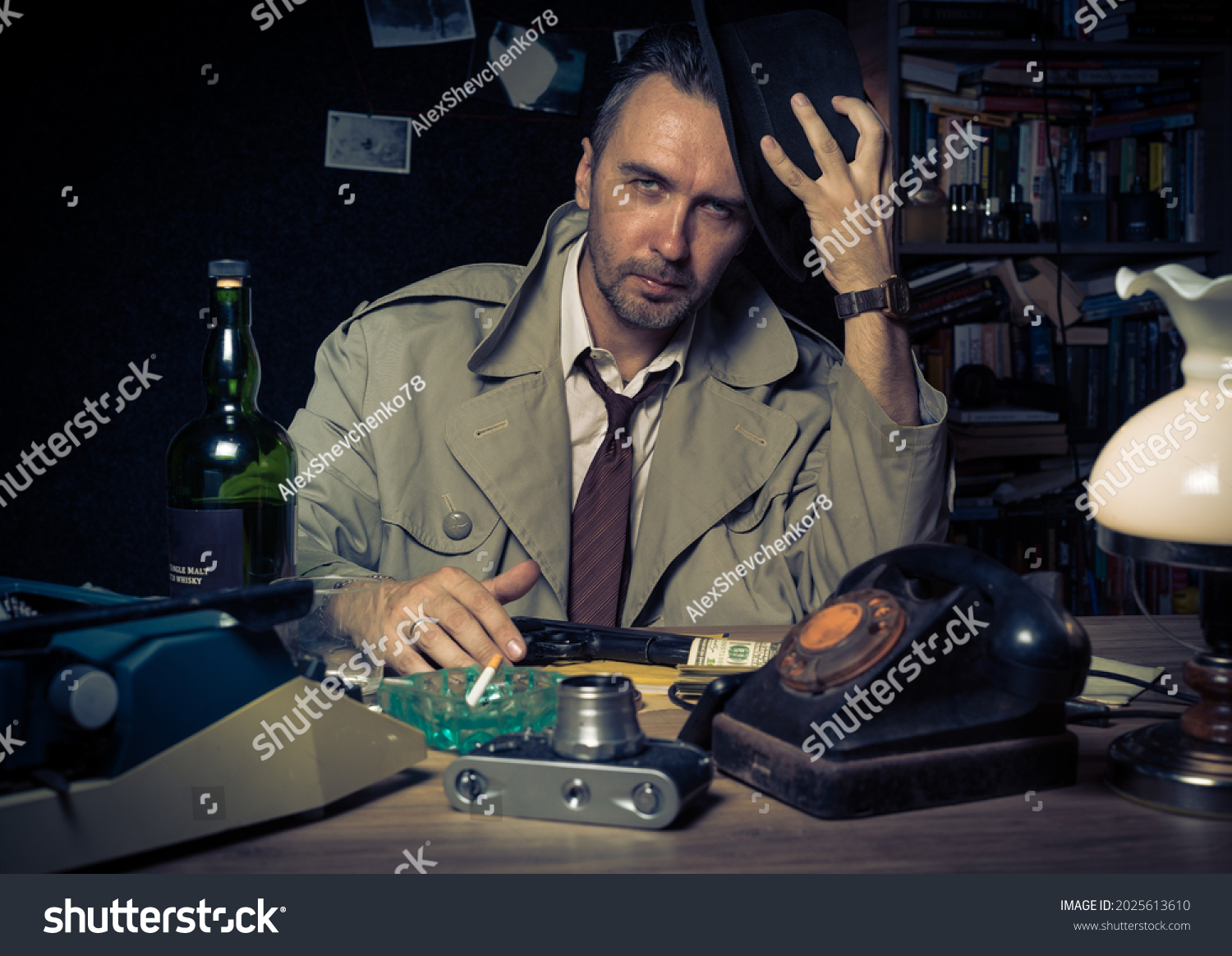 Retro Private Detective Behind Desk Noir Stock Photo 2025613610