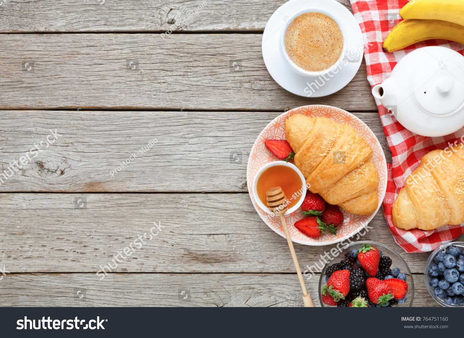 Rich Tasty Breakfast Background Croissants With Golden Crust Muesli Honey Coffee Cup And