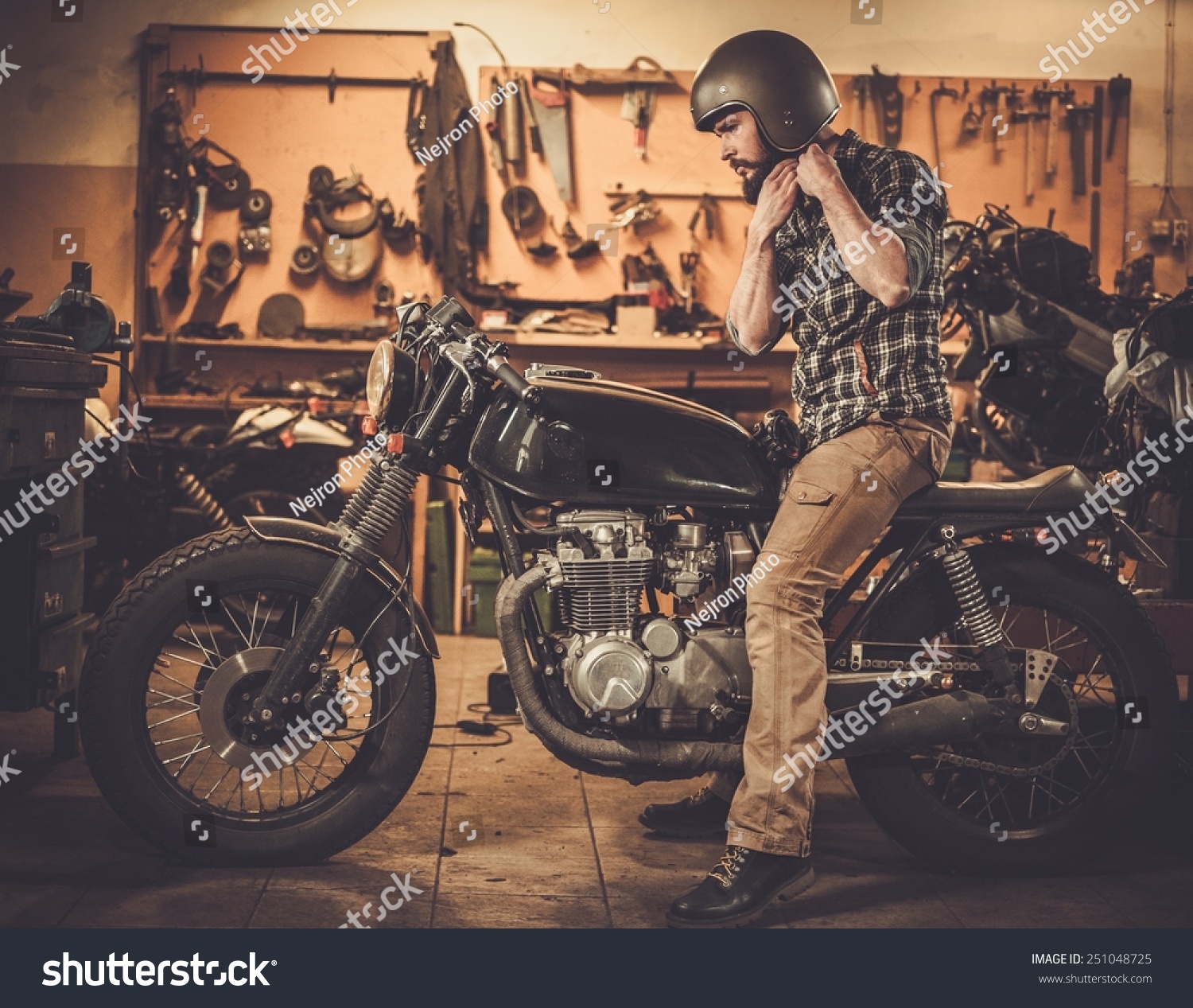 Rider His Vintage Style Caferacer Motorcycle Stock Photo Edit Now 251048725