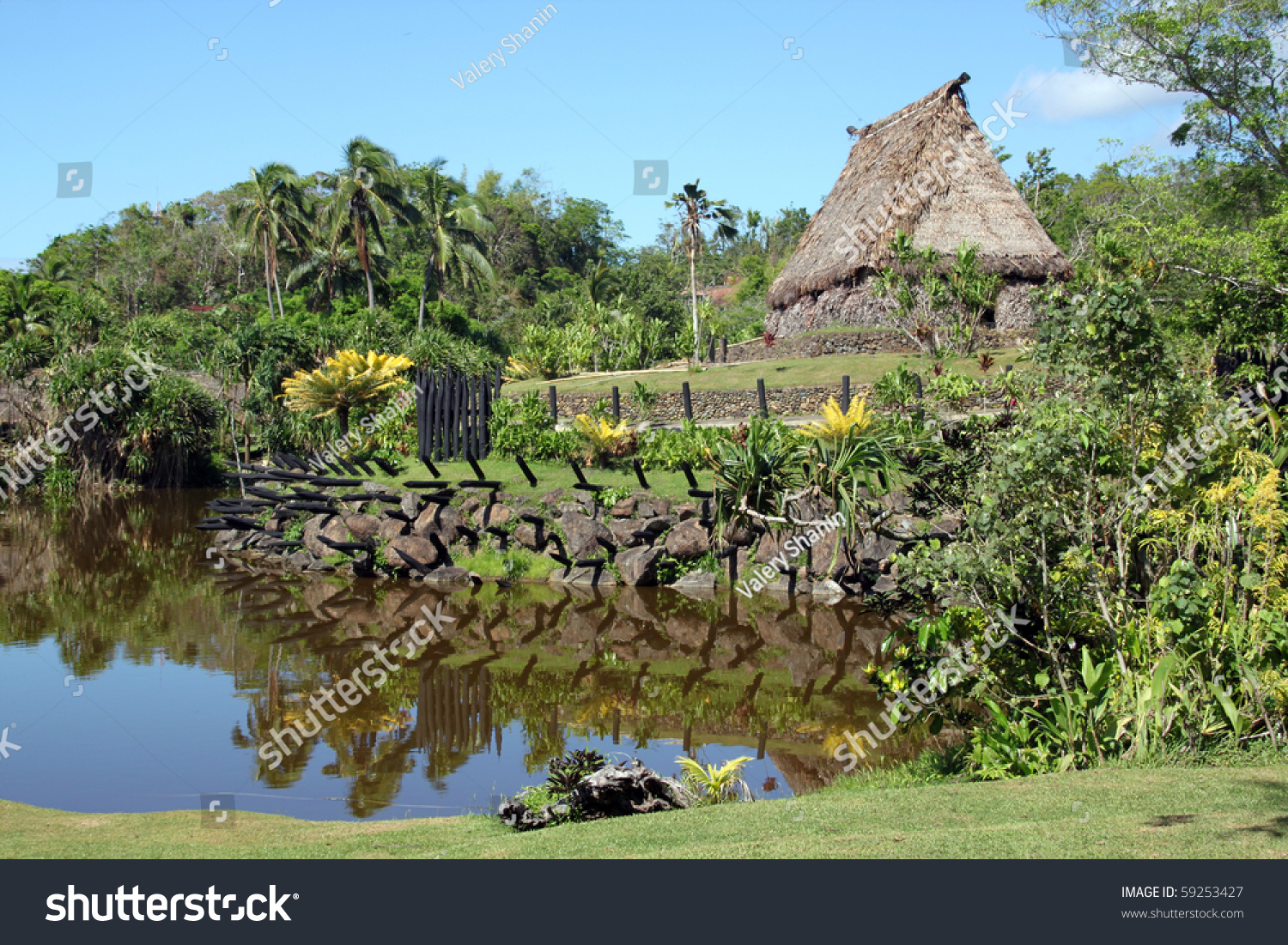 River, Grass And Traditional Old House, Fiji Stock Photo 59253427 ...