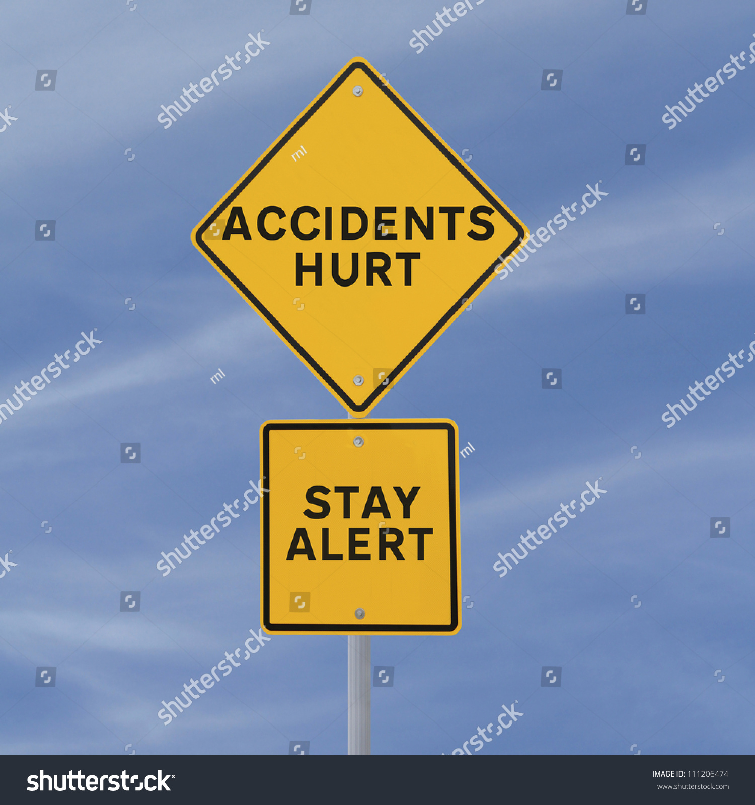 Road Sign With A Safety Reminder Against A Blue Sky Background Stock ...