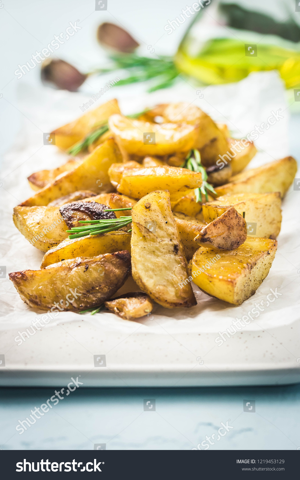 Roasted Garlic Herbs Potato Wedges Selective Food And Drink Stock Image 1219453129