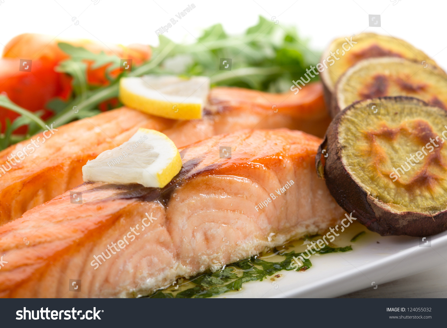 Roasted Salmon Fillets With Sweet Potatoes Stock Photo 124055032 ...