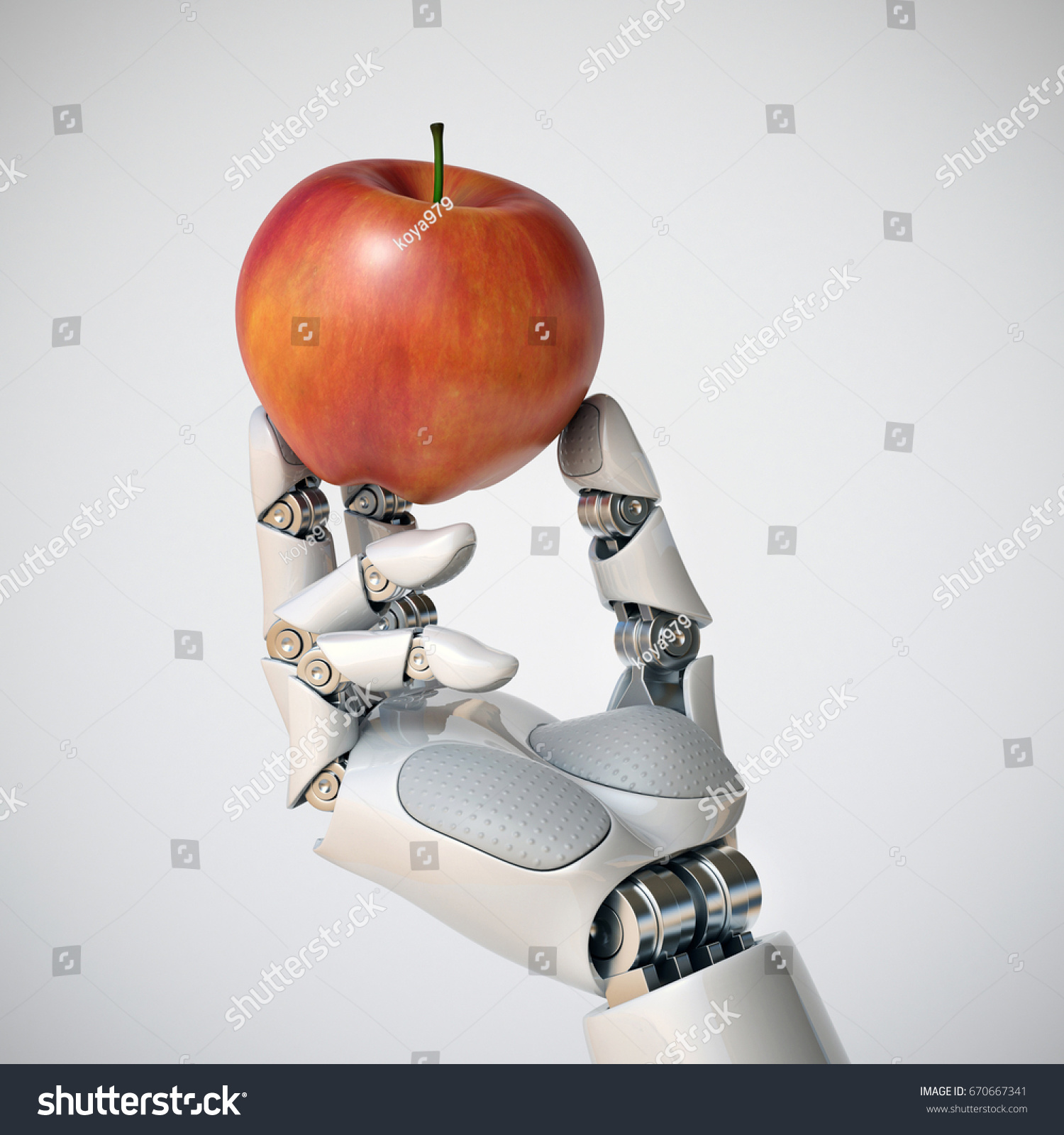 Robotic Hand Holding Apple 3 D Rendering Stock Illustration