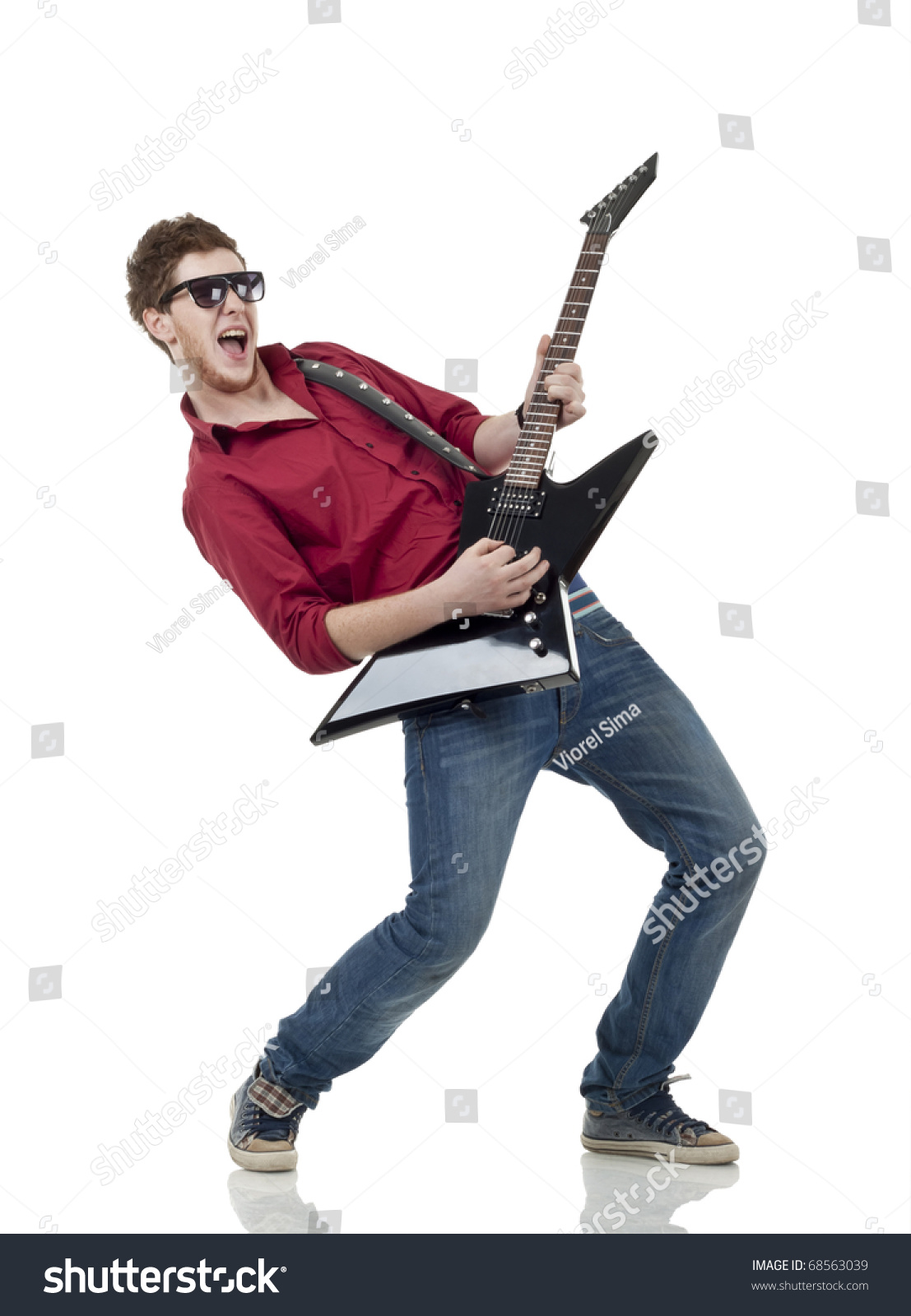 Rock Star With A Guitar Screaming Isolated Over White Background Stock ...