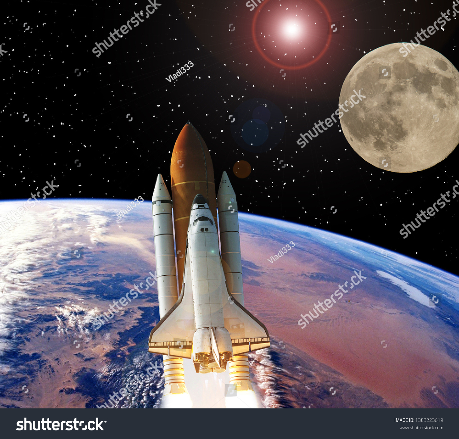 Rocket Moon Earth On Backdrop Elements Arkivfoto Rediger Na 1383223619