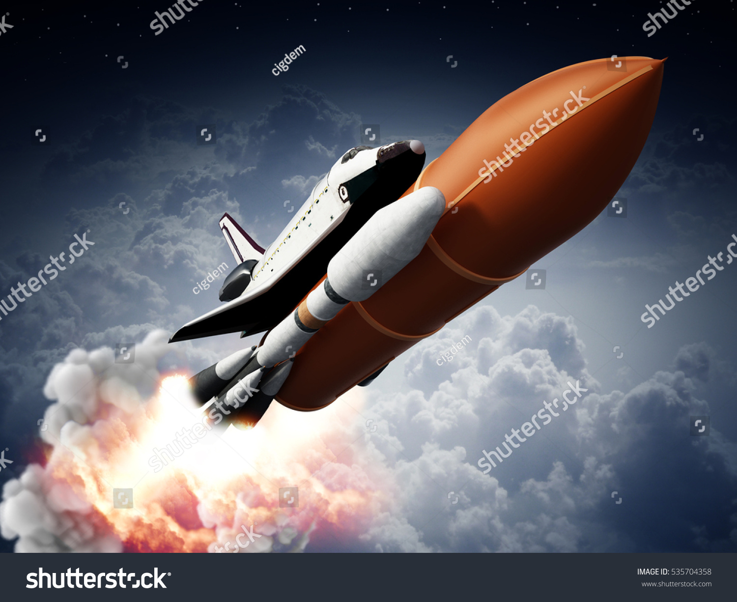 スペースシャトルを搭載したロケット弾が打ち上げられる 3dイラスト のイラスト素材