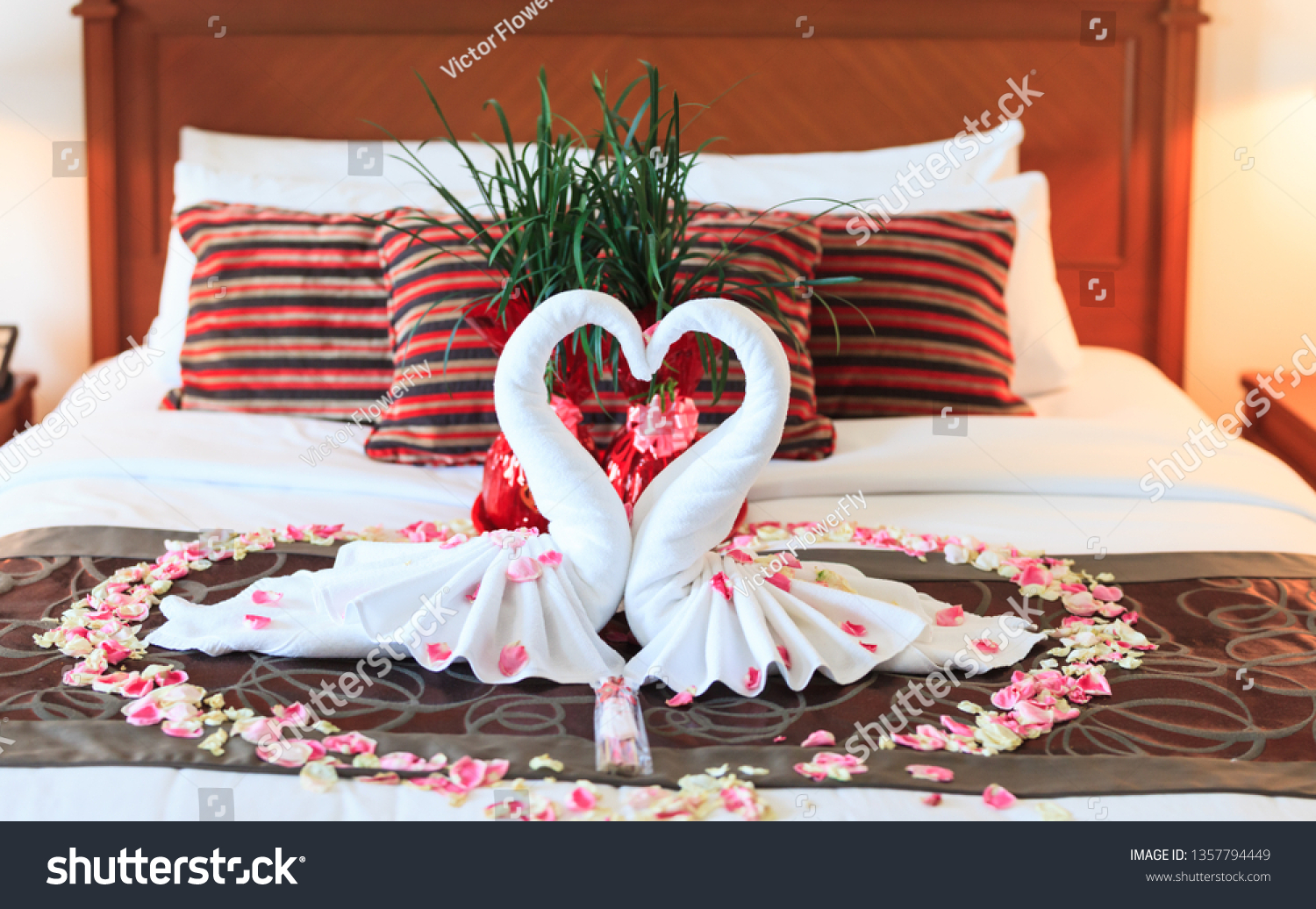 Romantic Bedroom Interior Kissing Swan Origami Stock Photo