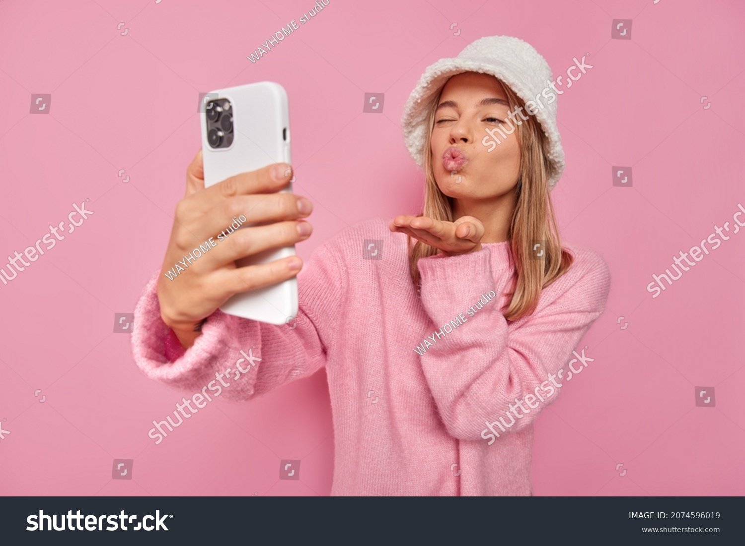 Romantic Young Woman Sends Air Kiss Foto Stok 2074596019 Shutterstock 