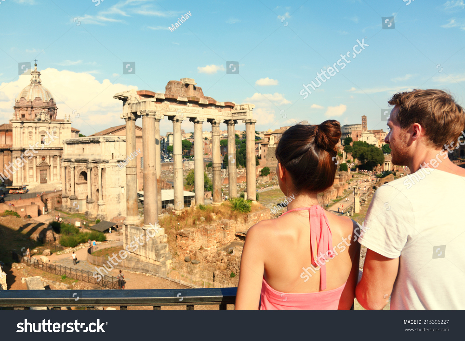 Rome Tourists Looking Roman Forum Landmark Stock Photo